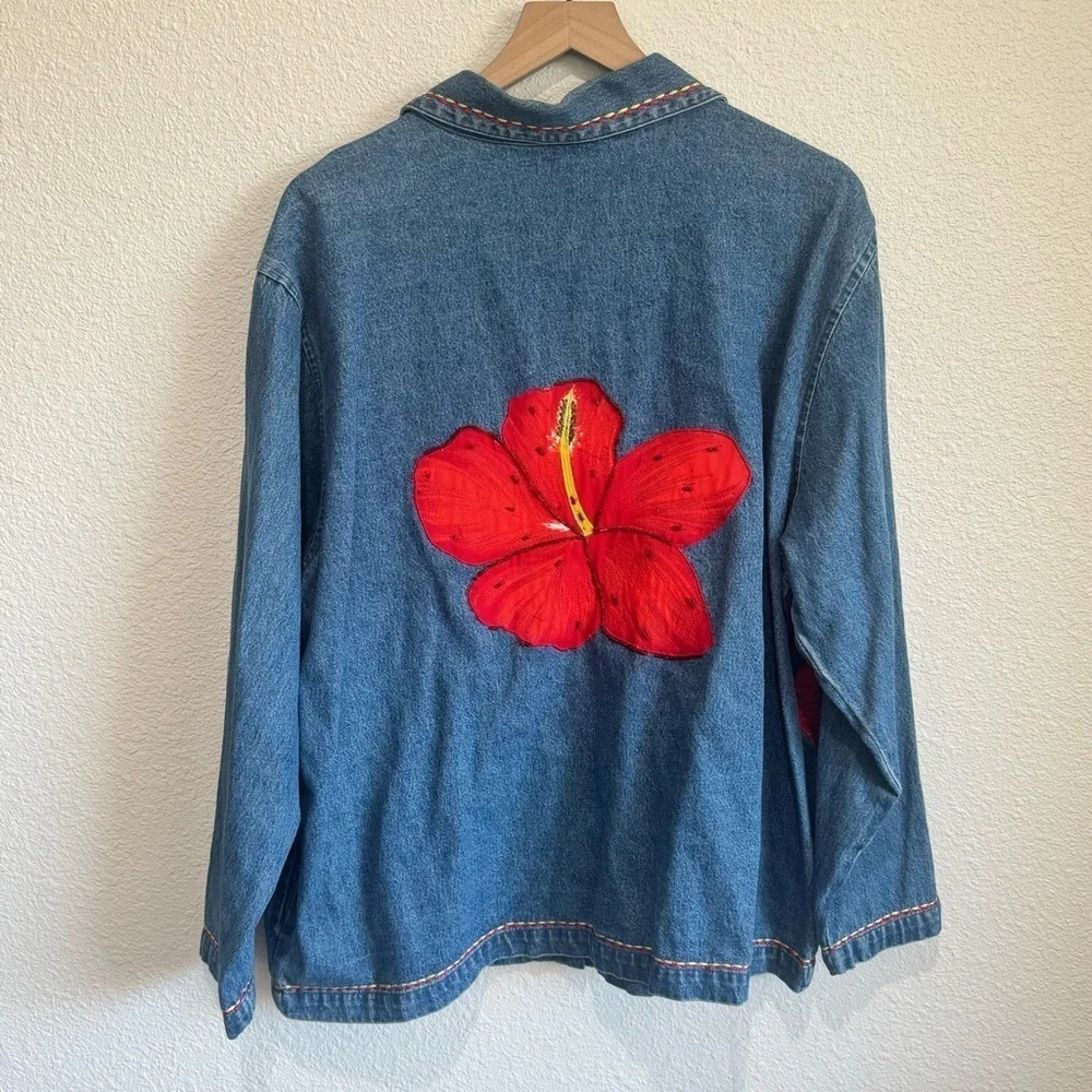 VTG Womens 1X Hibiscus Beaded Denim Jacket Boho Festival‎ Floral Shacket Blue